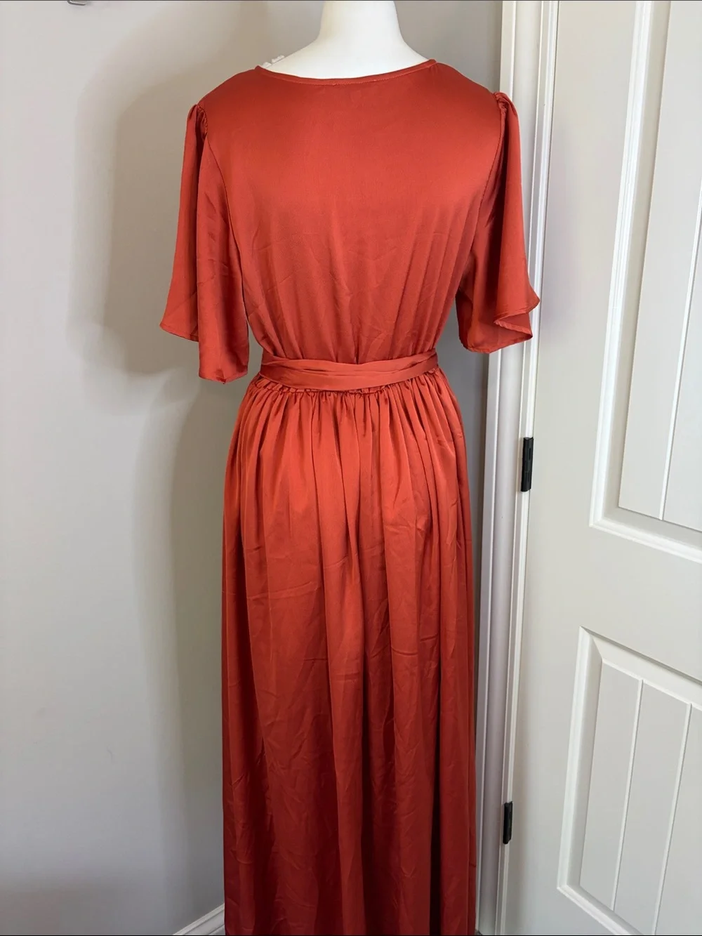 Baltic Born Sicily Satin Maxi Wrap Dress Rust Flutter Sleeve Tie wedding XL - Picture 8 of 14